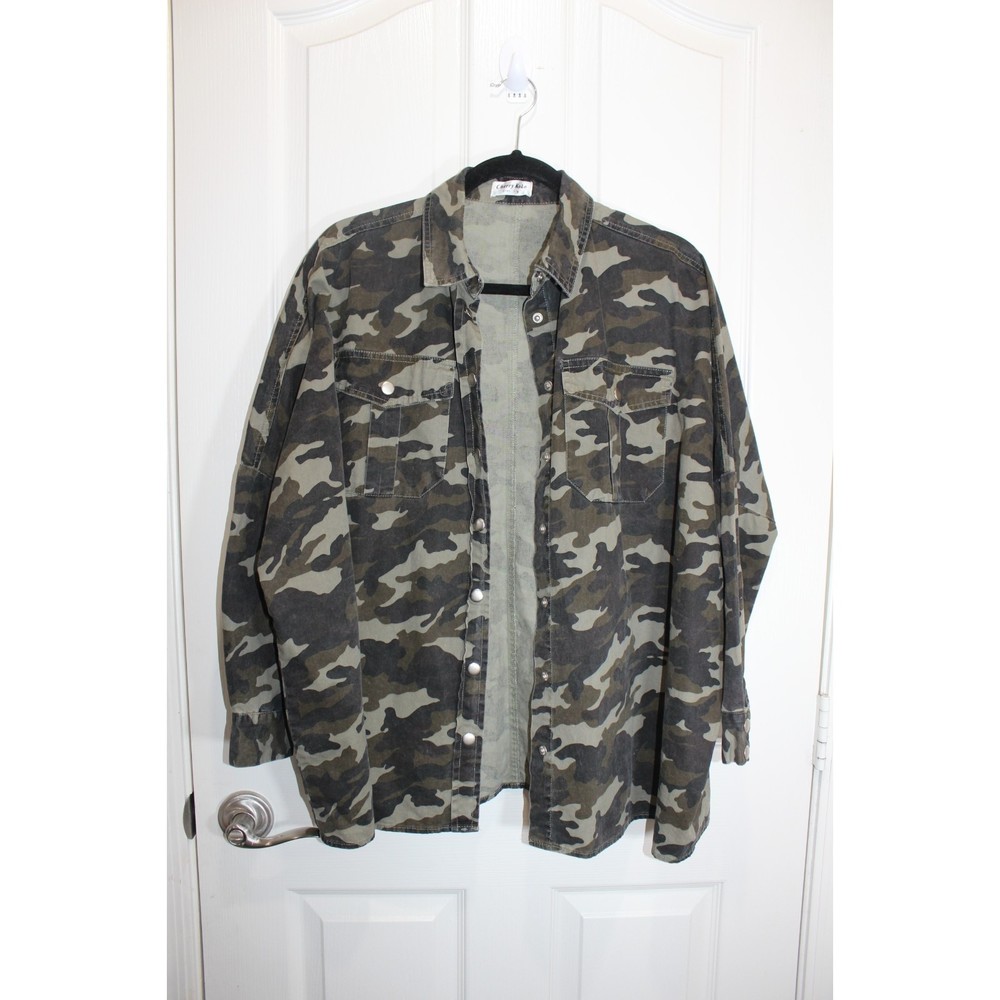 Cherry Koko Camo Washed Denim Button Down Shirt Shacket